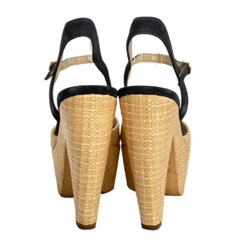FENDI Beige Straw, Black Suede Ankle Strap Platform Heels Sandals, Size 37