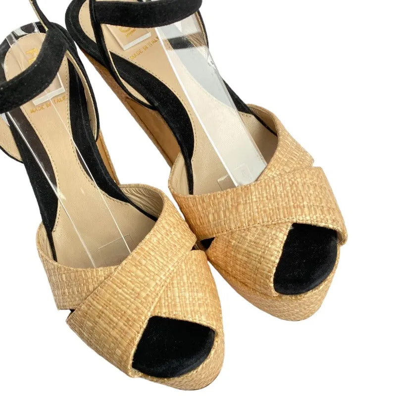 FENDI Beige Straw, Black Suede Ankle Strap Platform Heels Sandals, Size 37