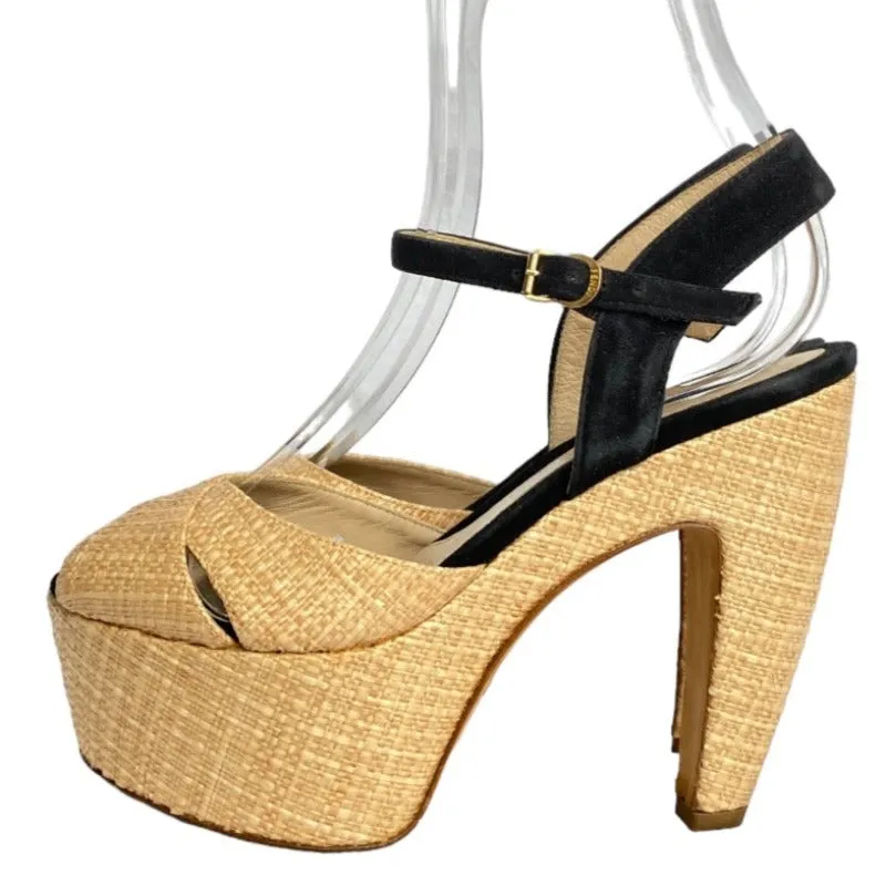 FENDI Beige Straw, Black Suede Ankle Strap Platform Heels Sandals, Size 37