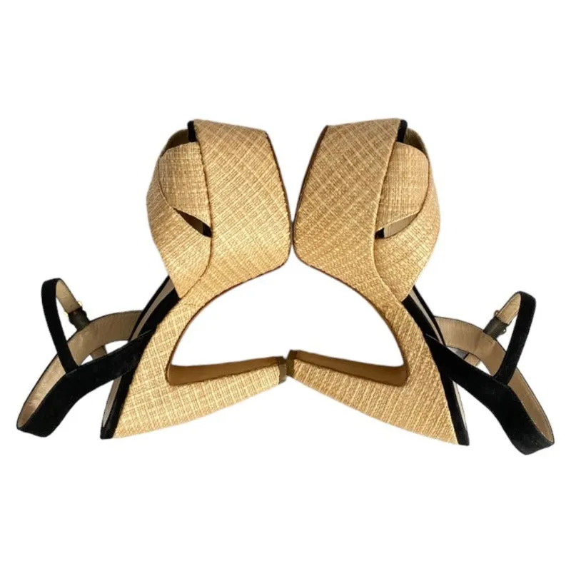 FENDI Beige Straw, Black Suede Ankle Strap Platform Heels Sandals, Size 37