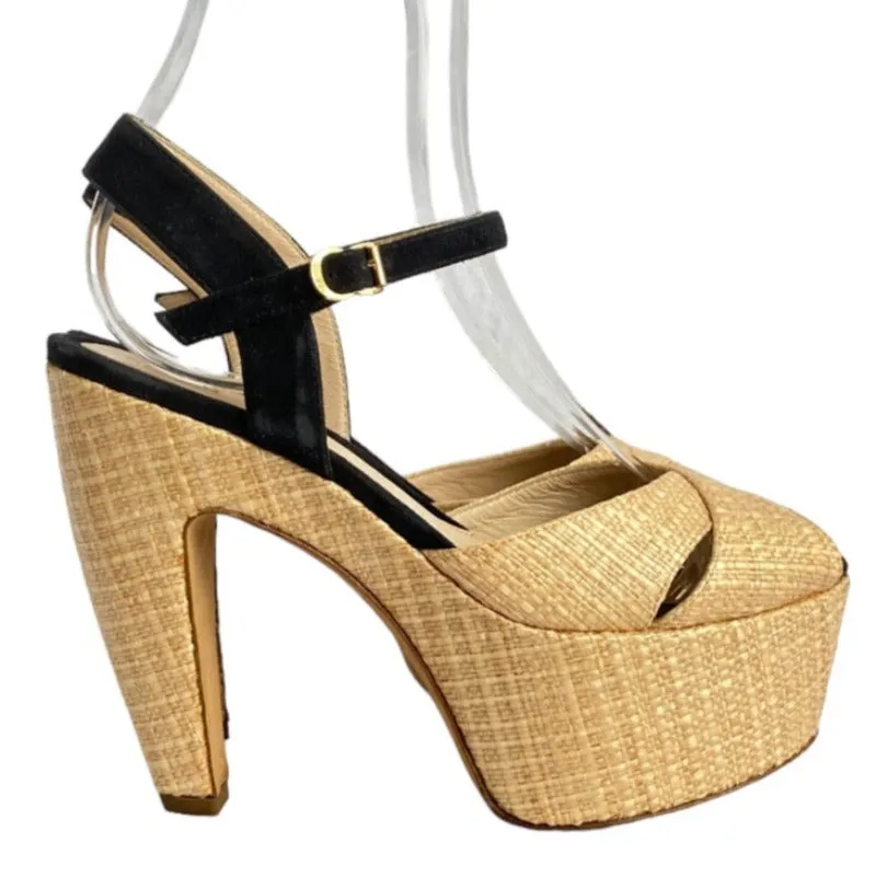 FENDI Beige Straw, Black Suede Ankle Strap Platform Heels Sandals, Size 37