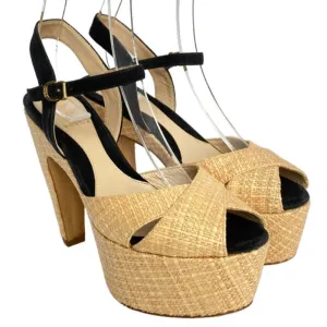 FENDI Beige Straw, Black Suede Ankle Strap Platform Heels Sandals, Size 37