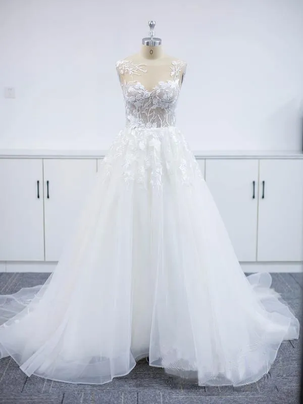 Floral Applique  A-line Beach Wedding Dresses Backless Wedding Gown TN227