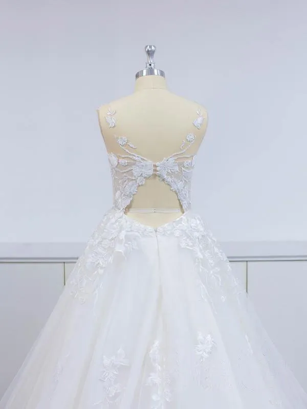 Floral Applique  A-line Beach Wedding Dresses Backless Wedding Gown TN227