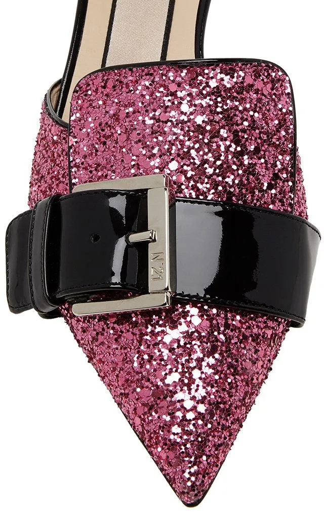 Fucsia Glitter Buckled Mules