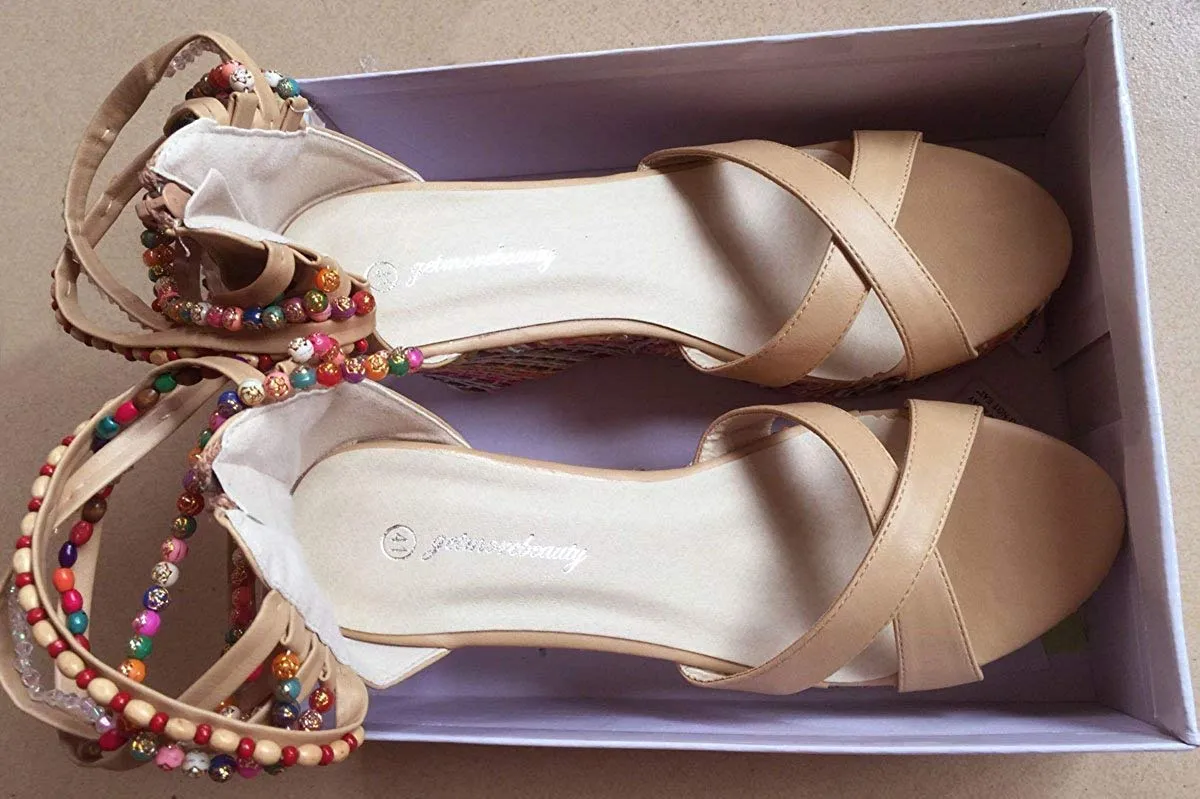getmorebeauty Women's Wedge Sandals with Pearls Across The Top Platform Sandals High Heels