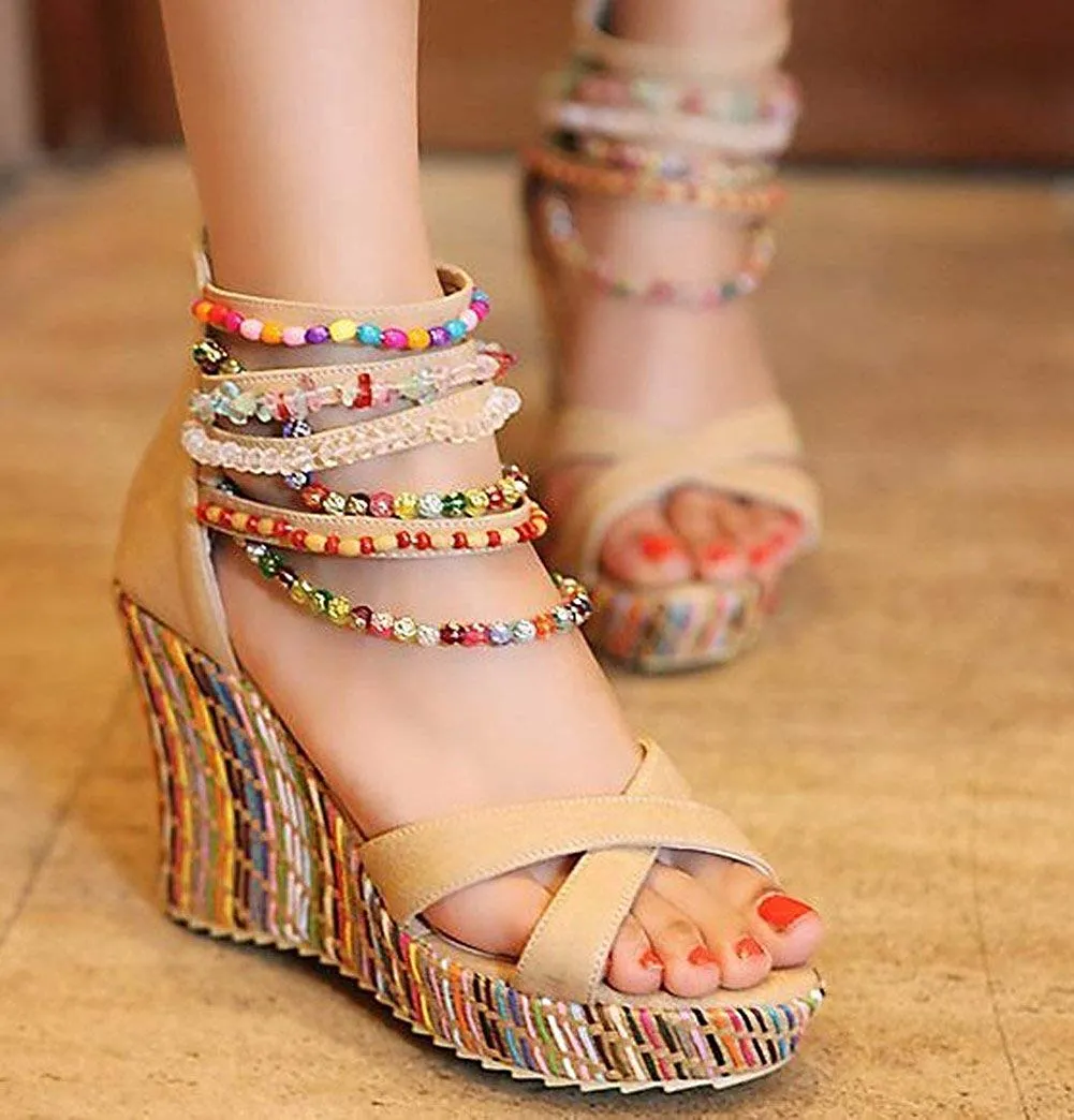getmorebeauty Women's Wedge Sandals with Pearls Across The Top Platform Sandals High Heels