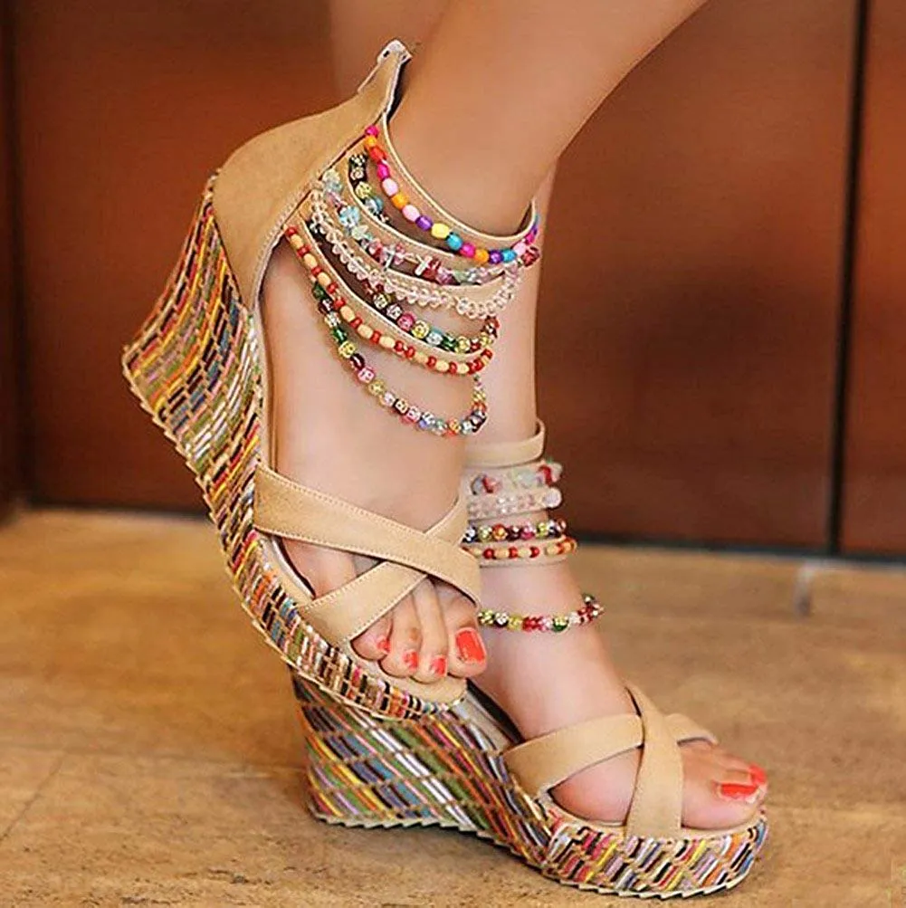 getmorebeauty Women's Wedge Sandals with Pearls Across The Top Platform Sandals High Heels