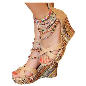 getmorebeauty Women's Wedge Sandals with Pearls Across The Top Platform Sandals High Heels
