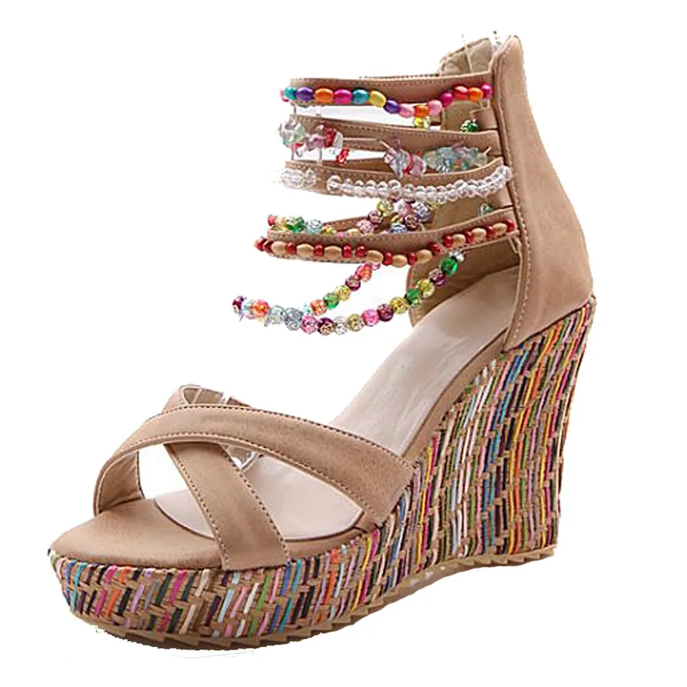 getmorebeauty Women's Wedge Sandals with Pearls Across The Top Platform Sandals High Heels