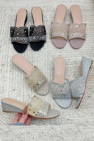 GOLD DIAMANTE MESH DETAIL LOW WEDGE MULE PARTY HEEL SANDALS