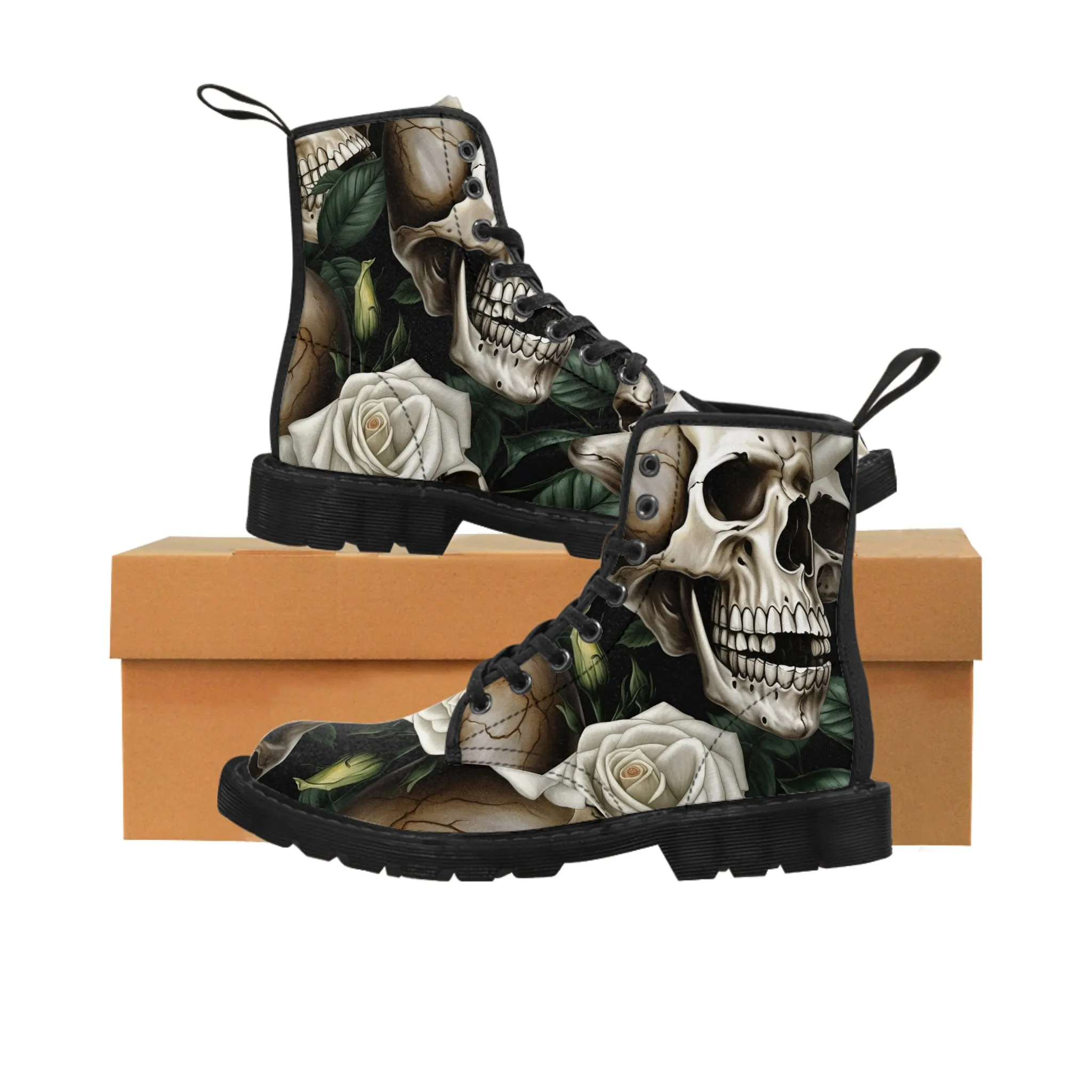 Gothic Deep Red  Skulls and Roses Women's Canvas Boots