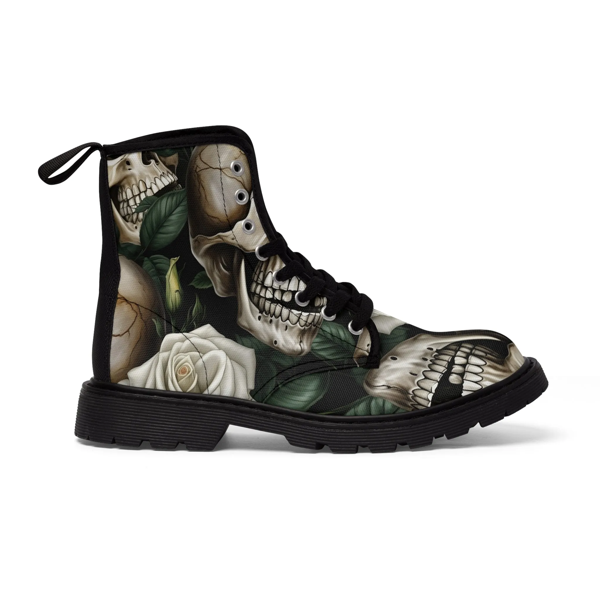 Gothic Deep Red  Skulls and Roses Women's Canvas Boots