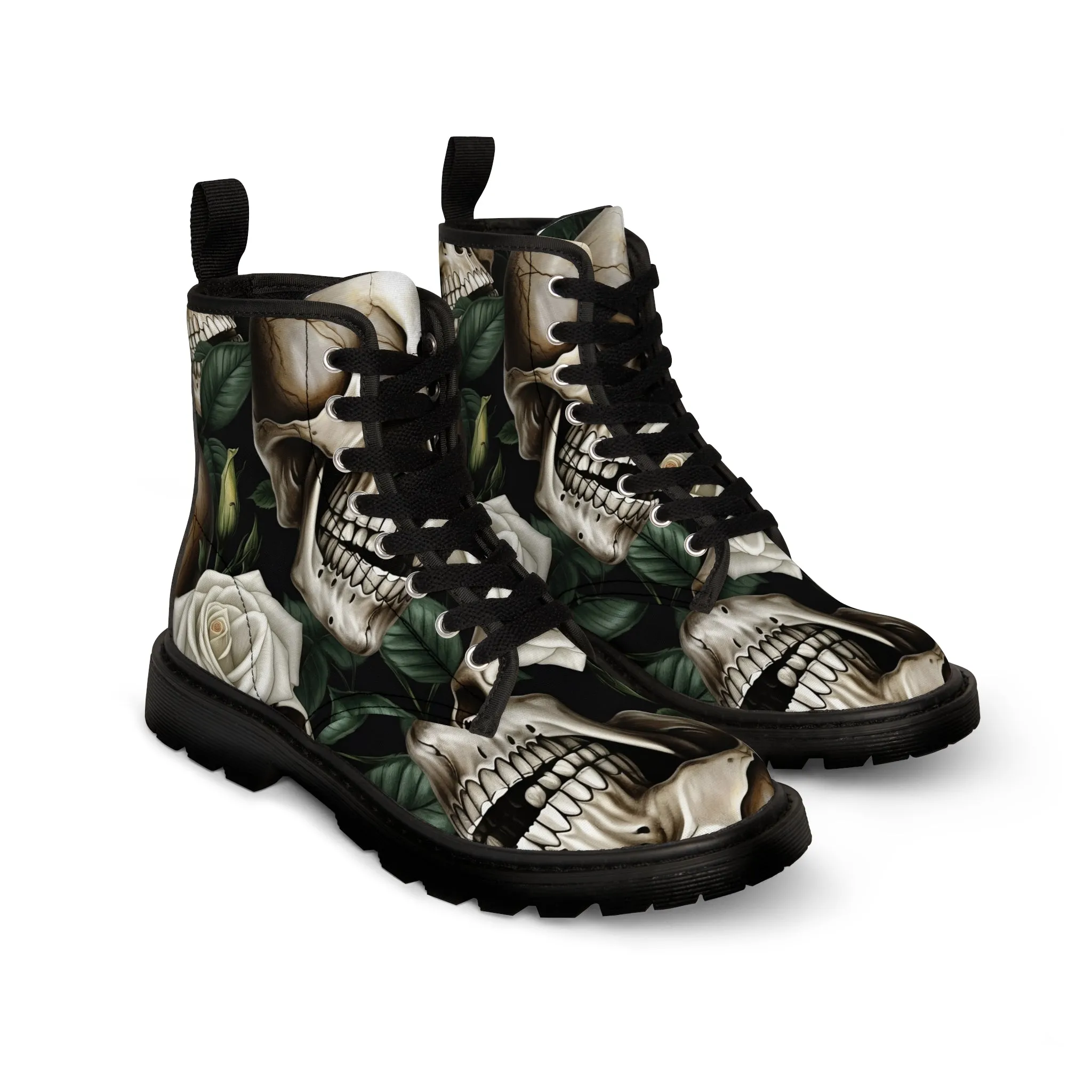 Gothic Deep Red  Skulls and Roses Women's Canvas Boots