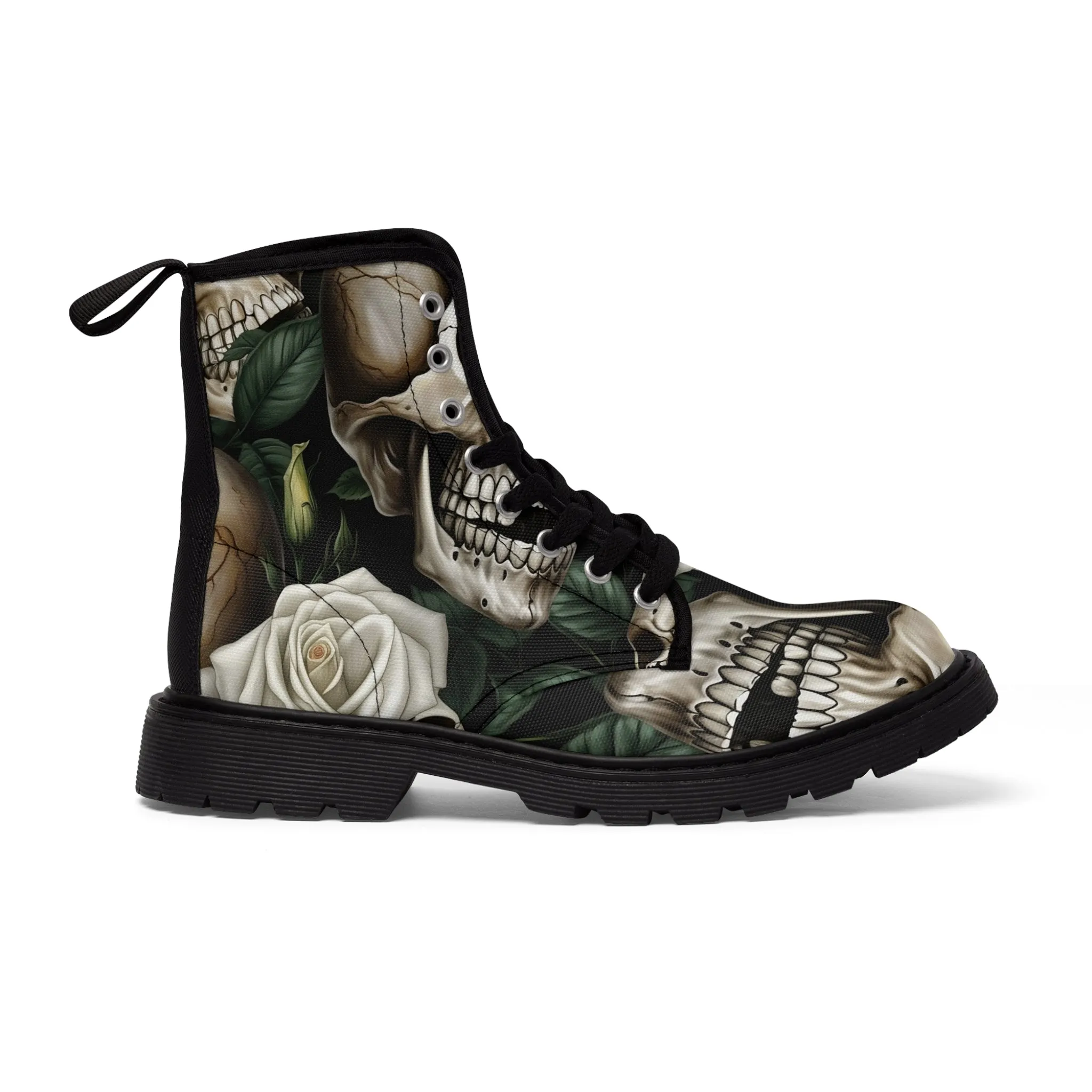 Gothic Deep Red  Skulls and Roses Women's Canvas Boots