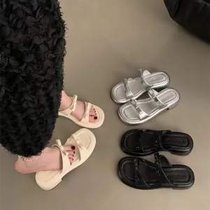 Hnzxzm 2024 New Summer Woman Slippers Fashion Open Toe Low Heel Silvery Ladies Comfort Beach Shoes