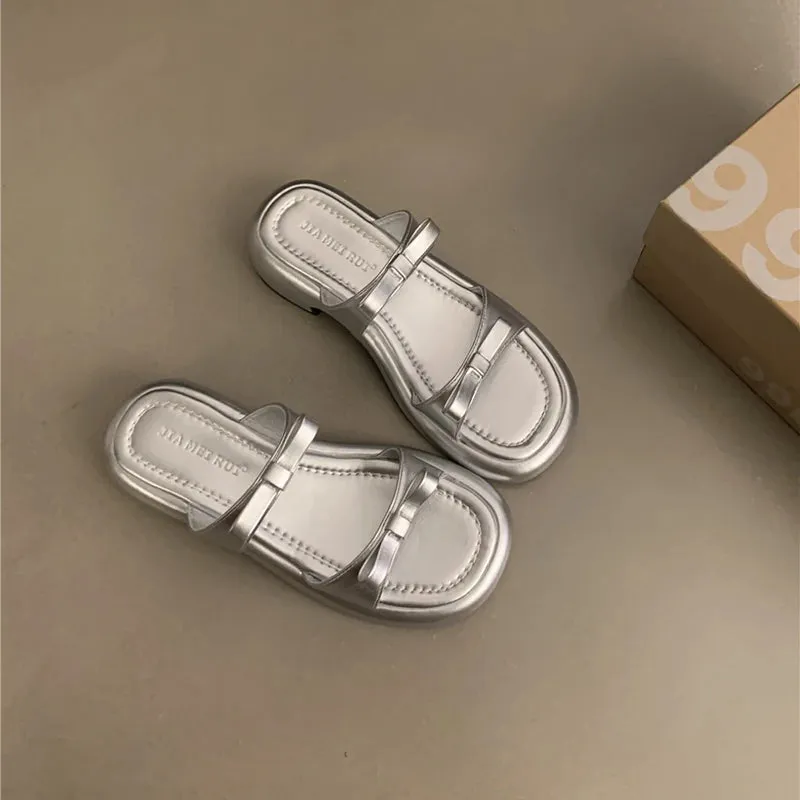 Hnzxzm 2024 New Summer Woman Slippers Fashion Open Toe Low Heel Silvery Ladies Comfort Beach Shoes