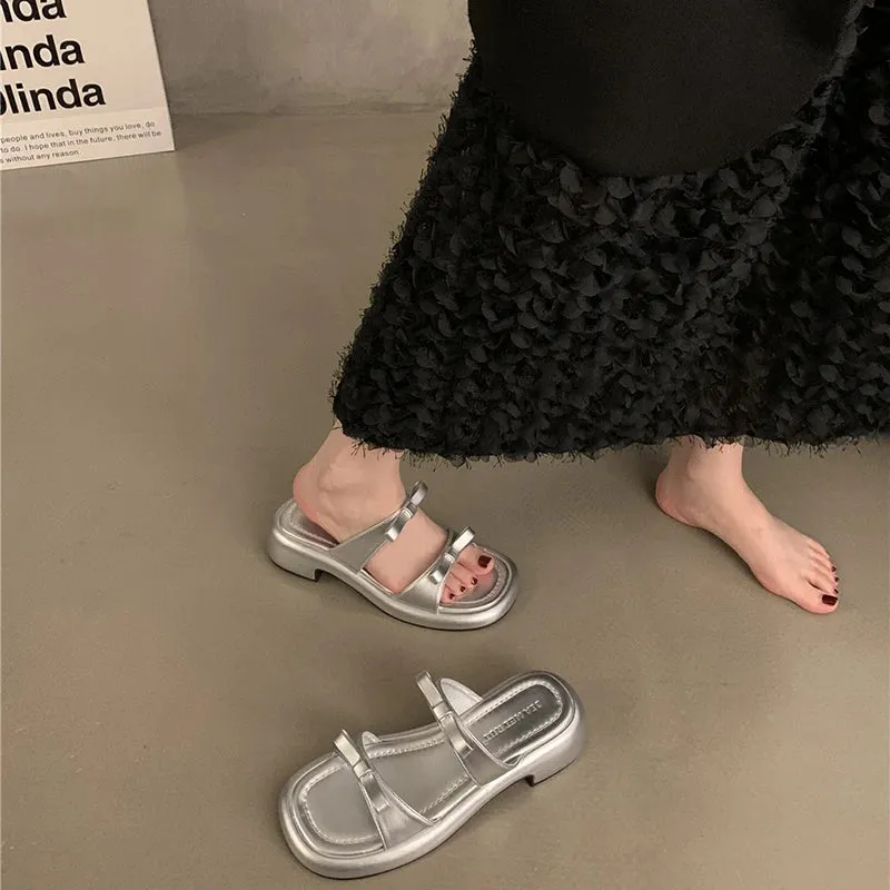 Hnzxzm 2024 New Summer Woman Slippers Fashion Open Toe Low Heel Silvery Ladies Comfort Beach Shoes
