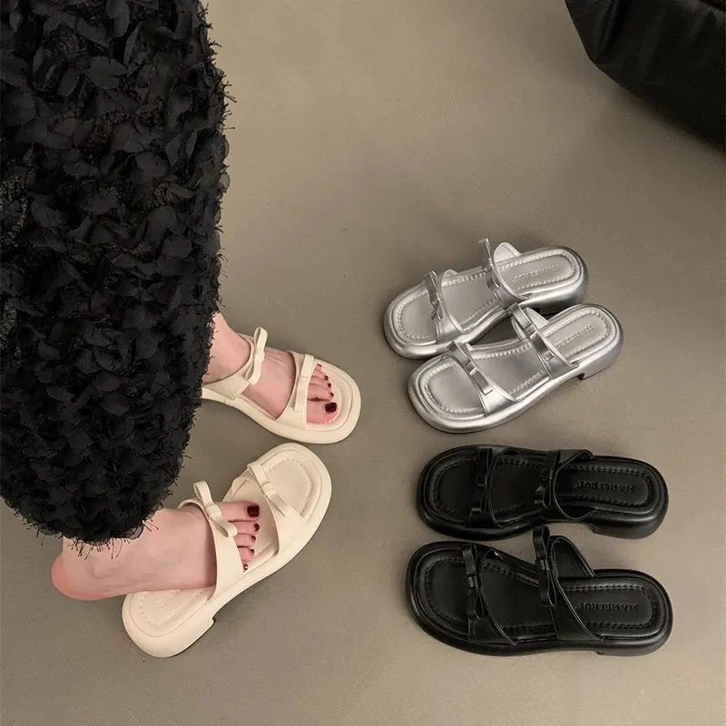 Hnzxzm 2024 New Summer Woman Slippers Fashion Open Toe Low Heel Silvery Ladies Comfort Beach Shoes
