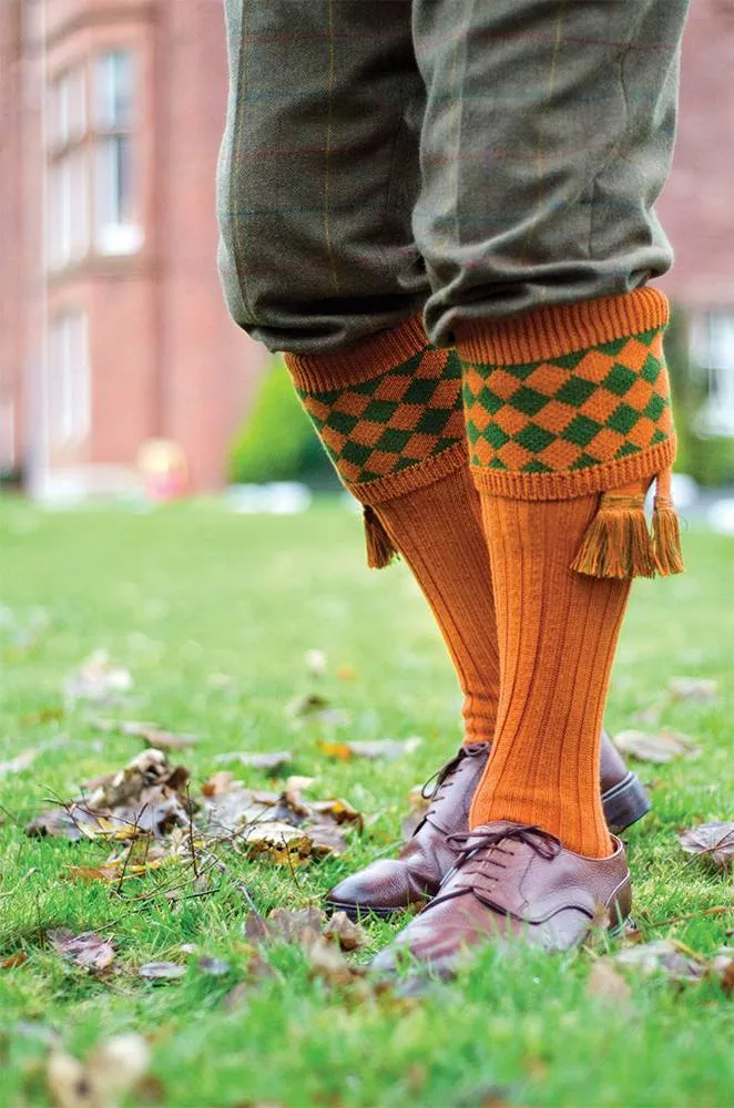 HOUSE OF CHEVIOT Chessboard Shooting Socks - Mens - Ochre