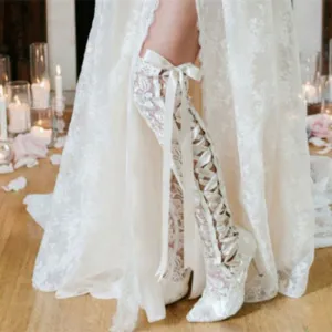 Lace Pointed Toe Knee High Victorian Style Wedding Boots in White