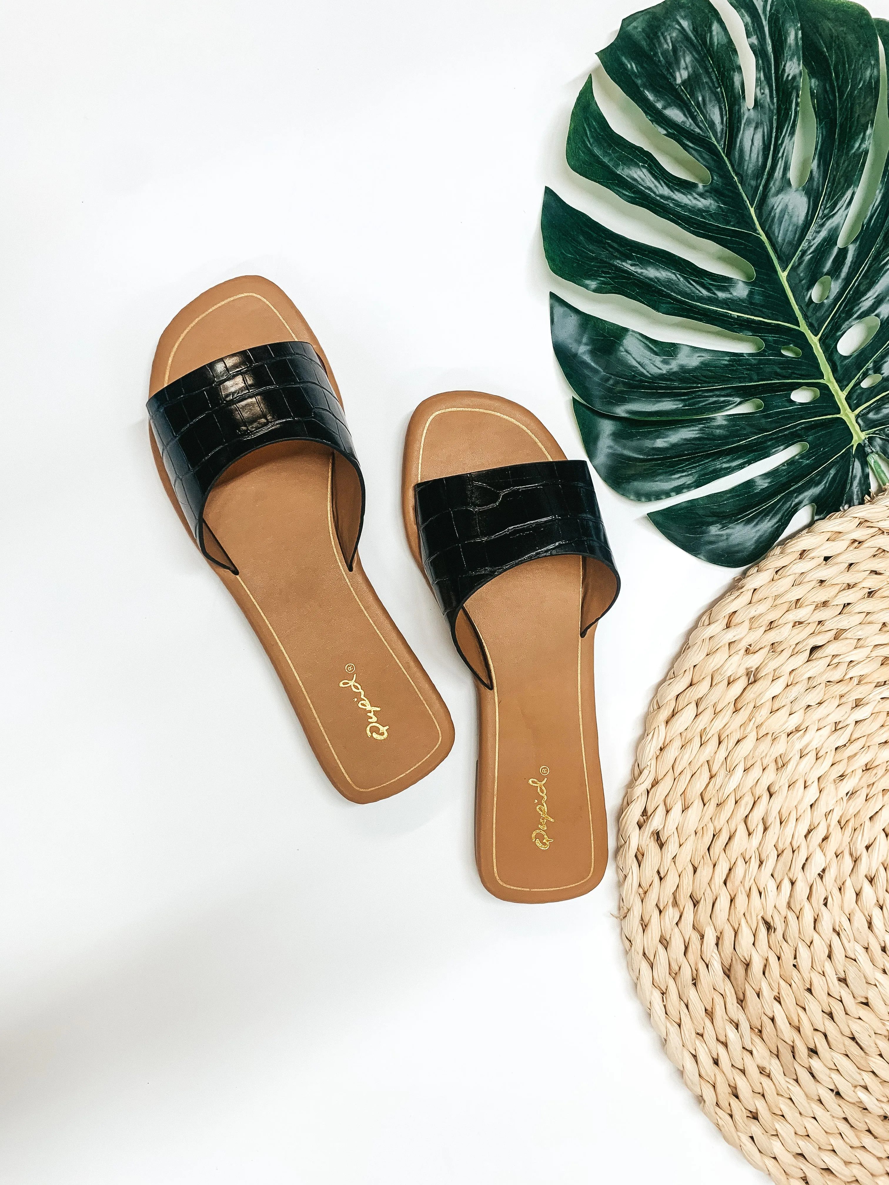 Last Chance Size 7 & 7.5 | Always in the Lead Crocodile Slide On Sandals in Black