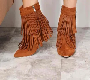 Legend Women's Tassel Wedge Heel Ankle Booties