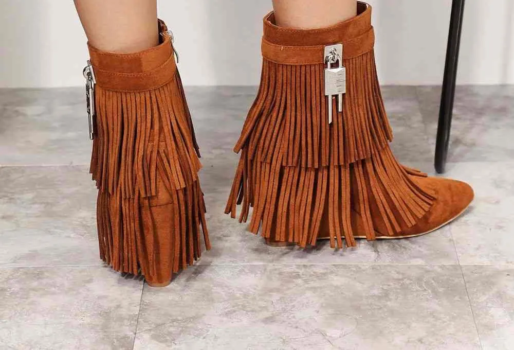Legend Women's Tassel Wedge Heel Ankle Booties