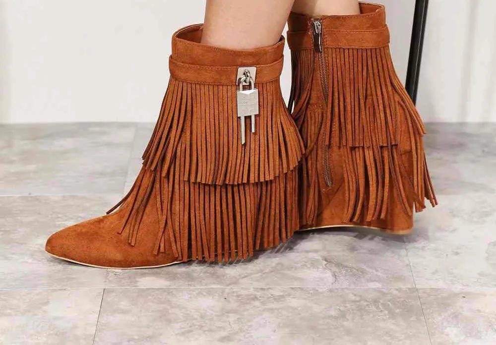 Legend Women's Tassel Wedge Heel Ankle Booties