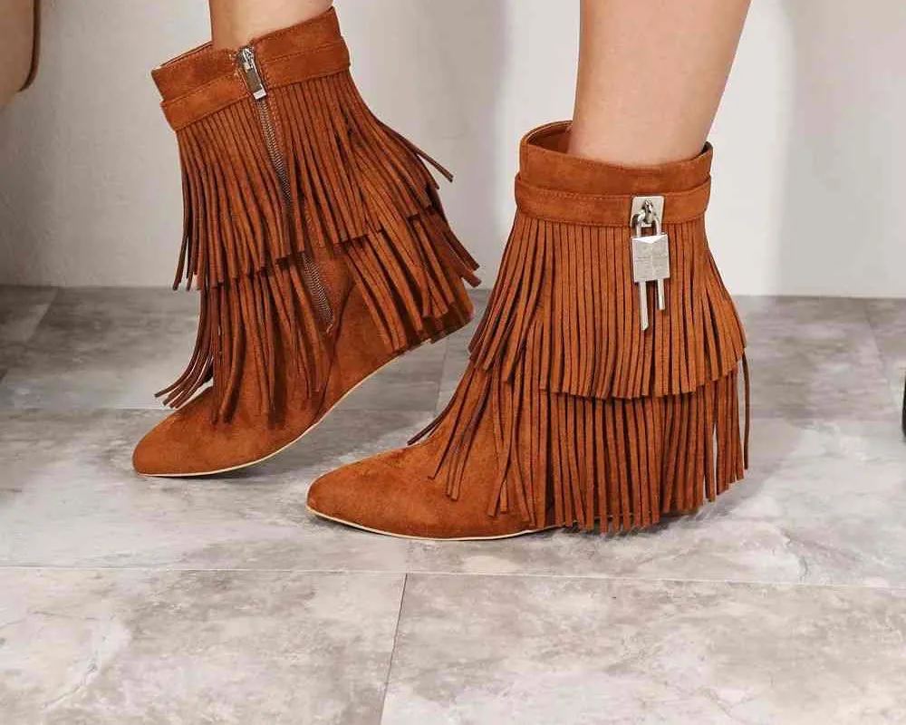 Legend Women's Tassel Wedge Heel Ankle Booties