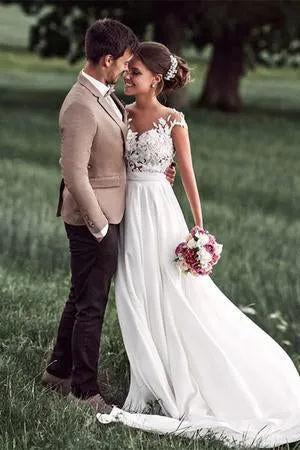 Lovely Off White Lace Appliques Cap Sleeves Long Chiffon Beach Wedding Dresses PFW0121