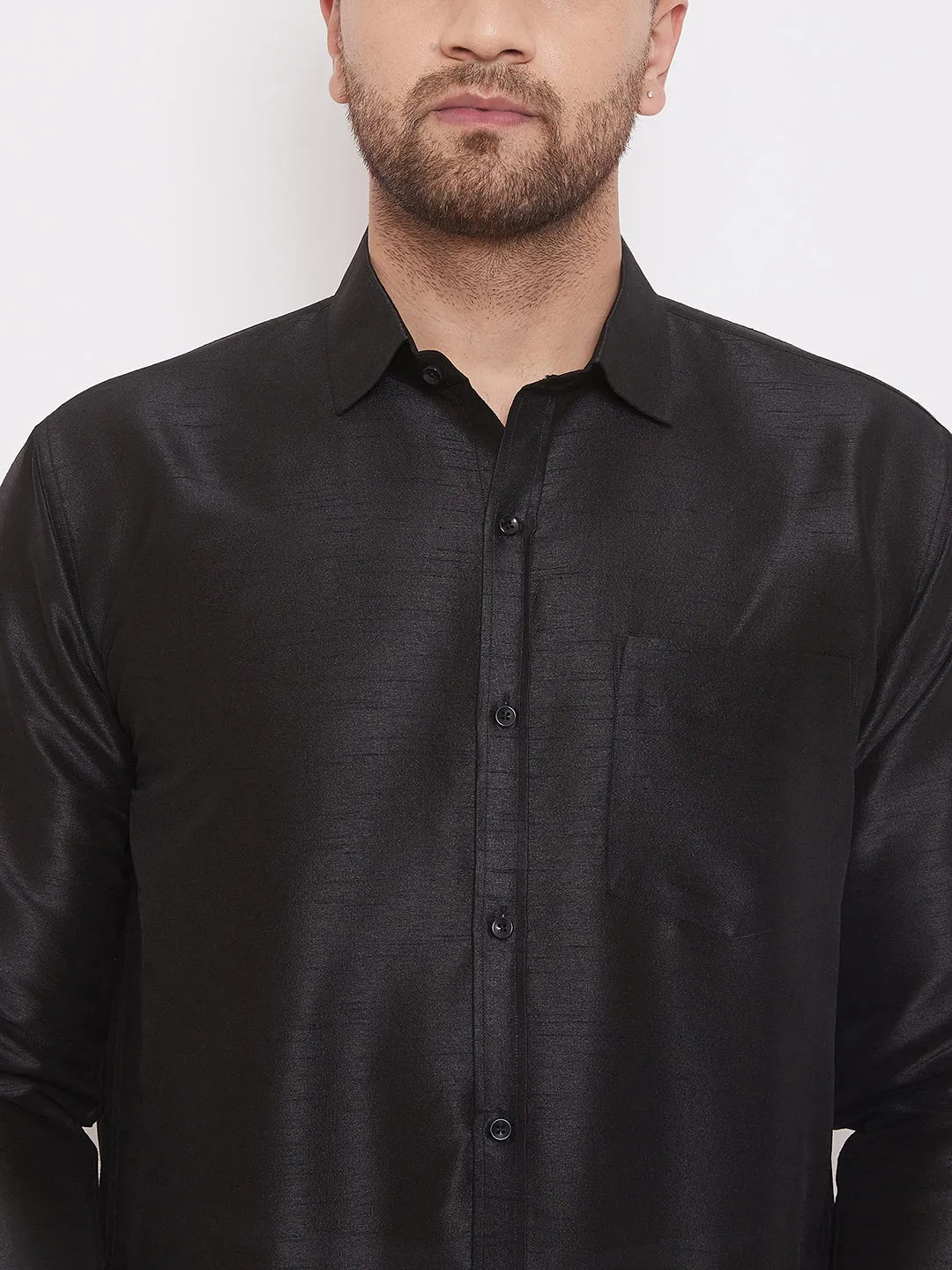 Men's Black Silk Blend Ethnic Shirt - Vastramay