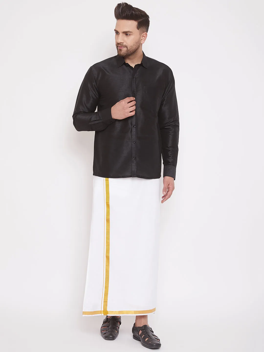 Men's Black Silk Blend Ethnic Shirt - Vastramay