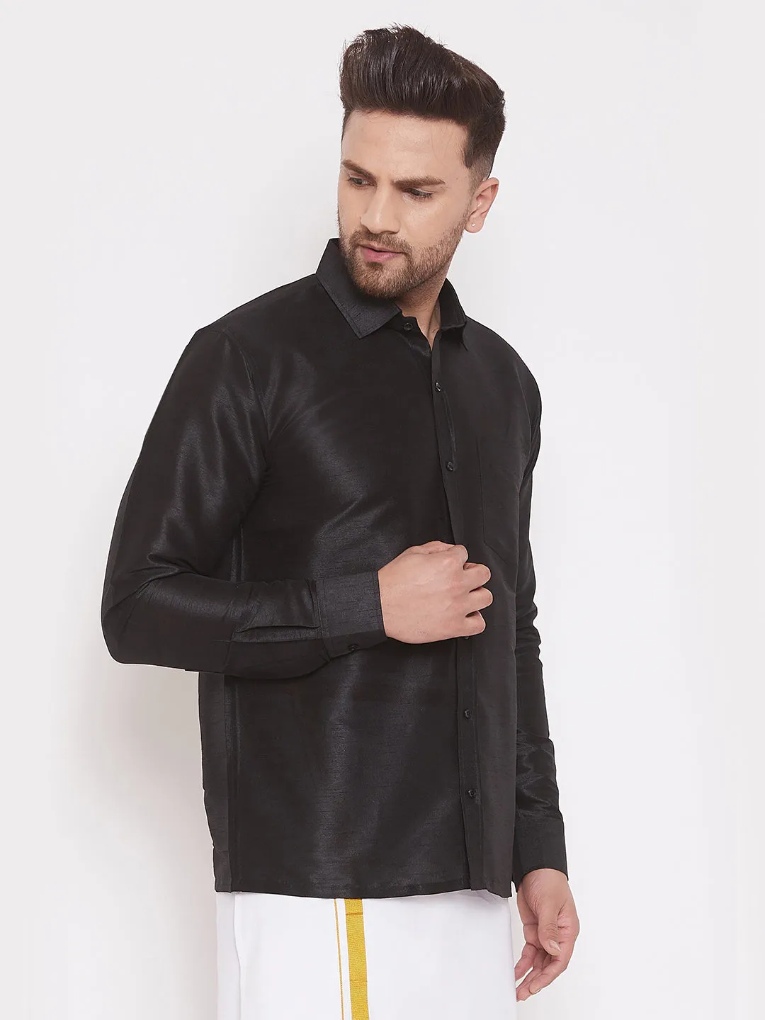 Men's Black Silk Blend Ethnic Shirt - Vastramay