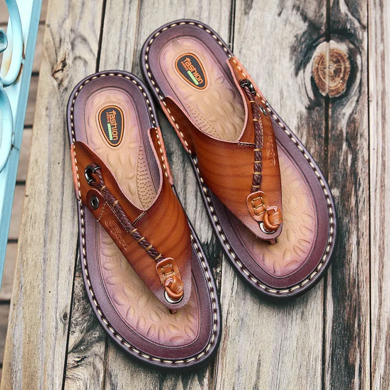 Men's Slippers Leather Flip-flops Beach Shoes