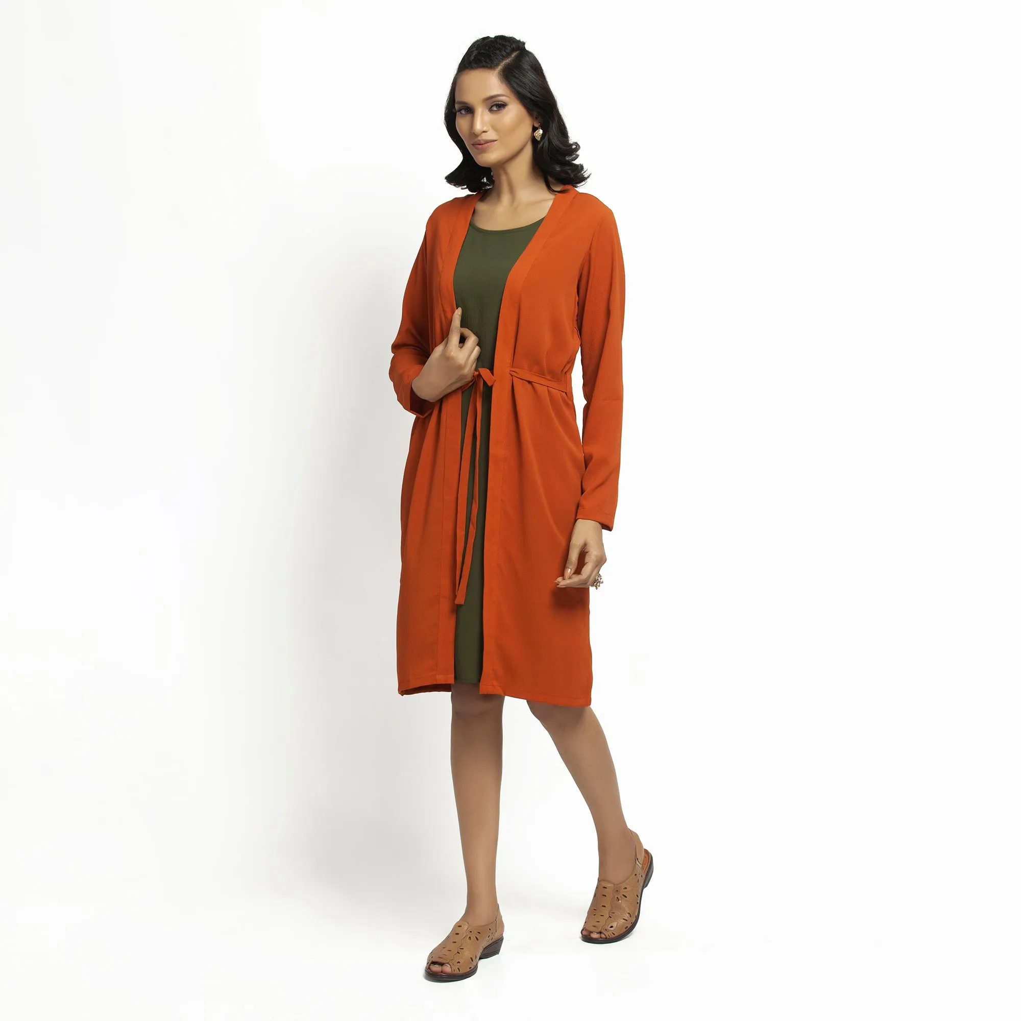 Orange Crepe Jacket With Tie Knot