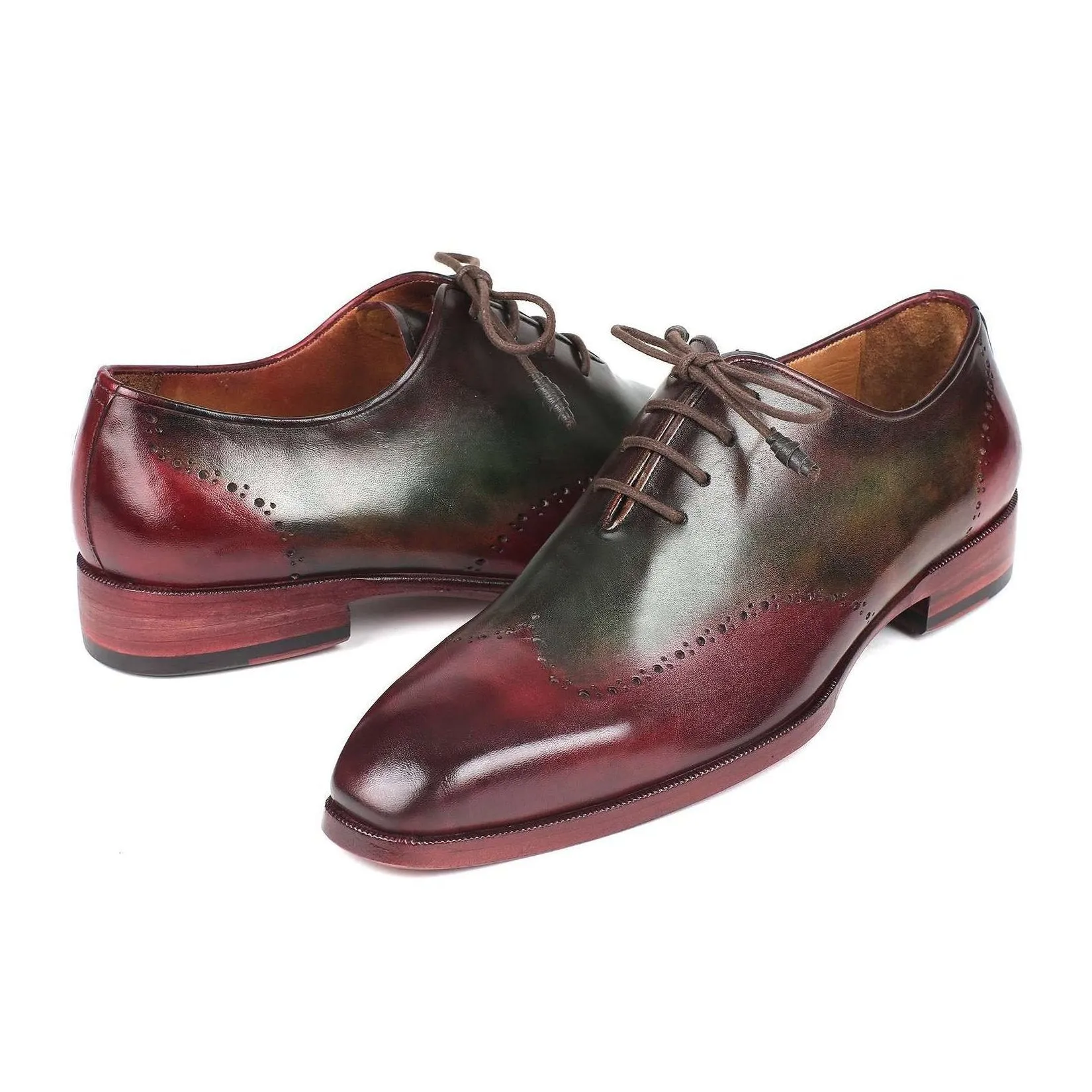 Paul Parkman Handmade Designer Shoes Men's Bordeaux & Green Calf-skin Leather Wingtip Oxfords 097YL63 (PM5902)