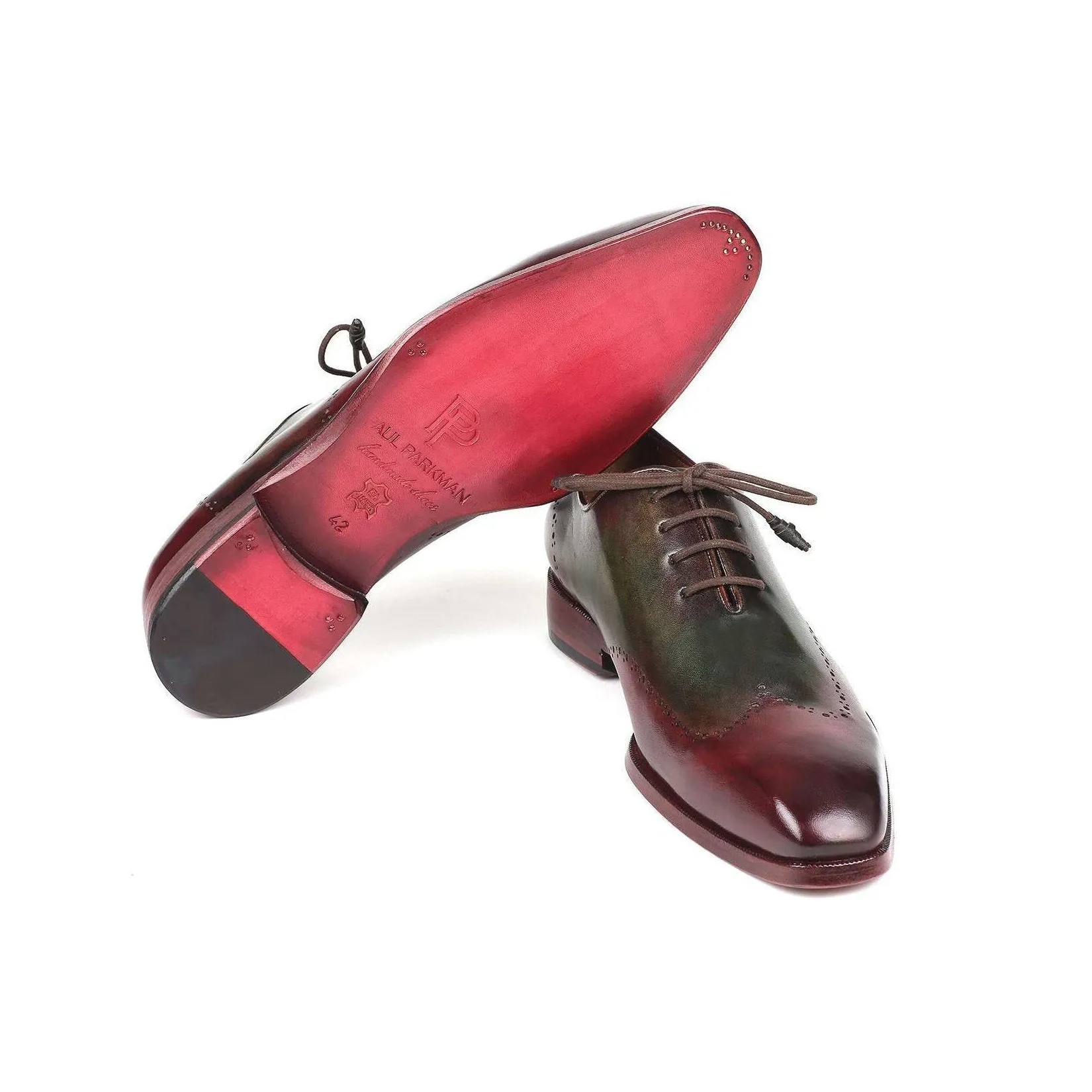 Paul Parkman Handmade Designer Shoes Men's Bordeaux & Green Calf-skin Leather Wingtip Oxfords 097YL63 (PM5902)