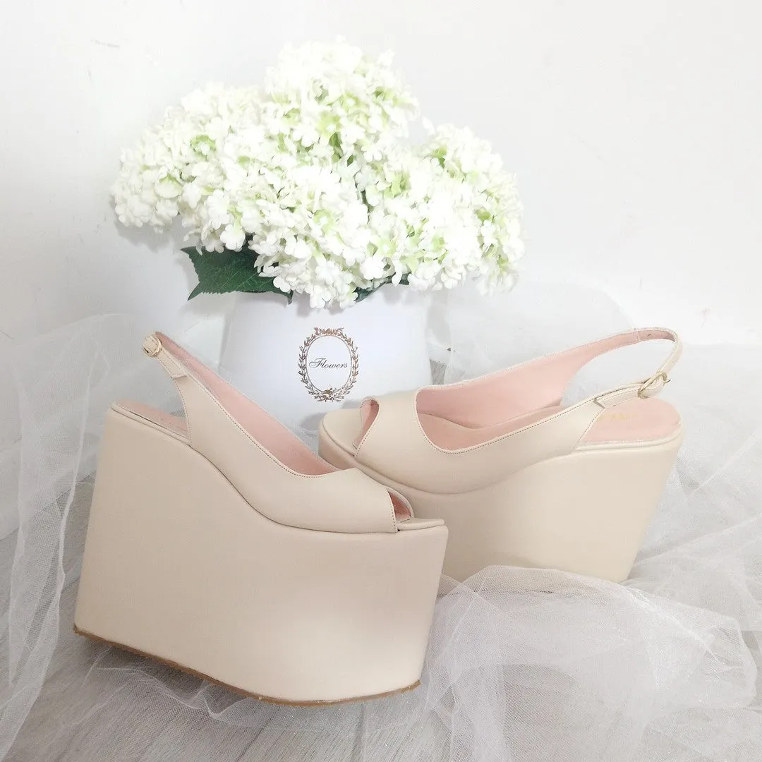 Peep Toe Nude Cream Wedge Platform Shoes