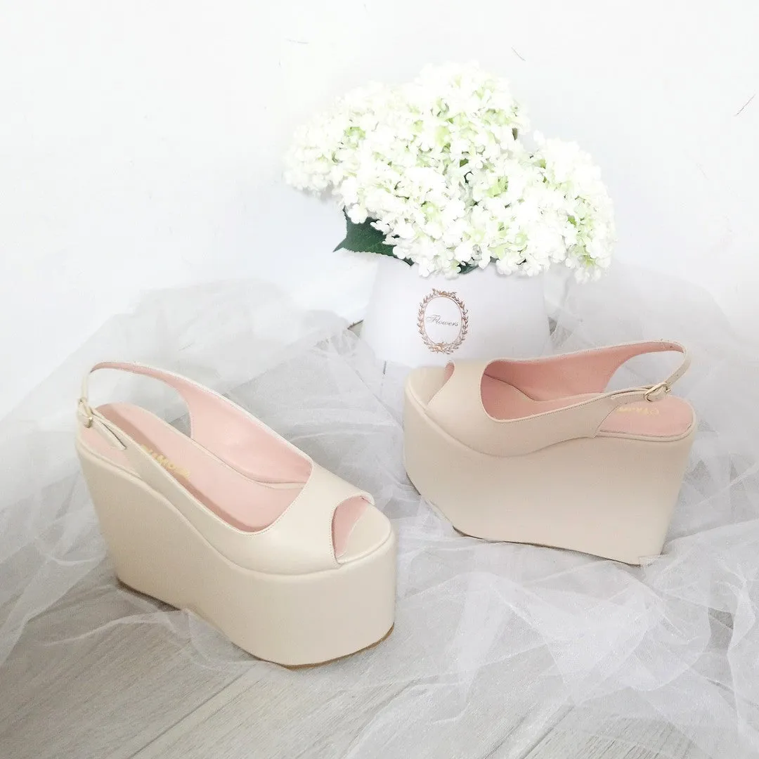 Peep Toe Nude Cream Wedge Platform Shoes