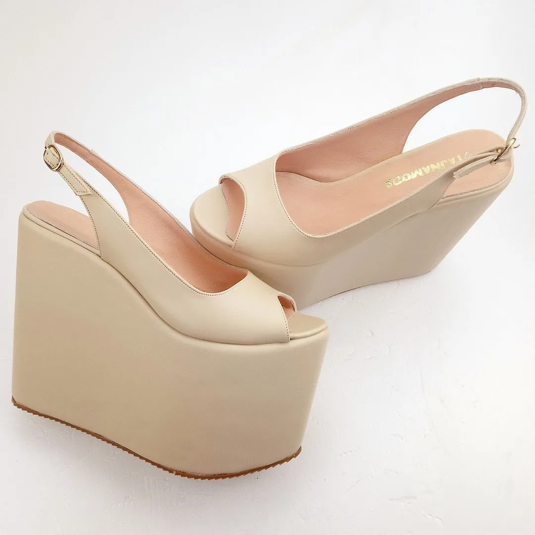 Peep Toe Nude Cream Wedge Platform Shoes