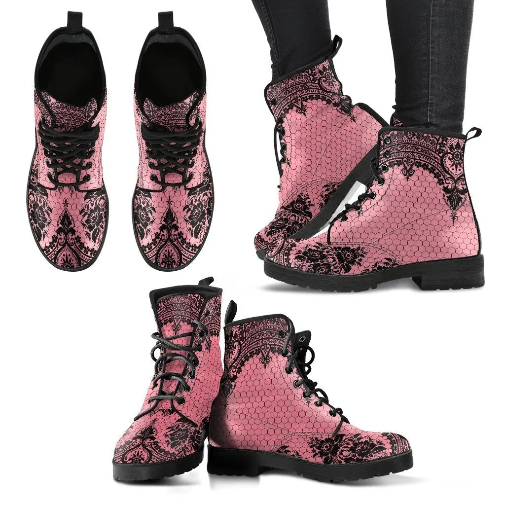 Pink Combat Boots-Gothic Lace Print 109