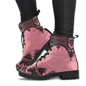 Pink Combat Boots-Gothic Lace Print 109