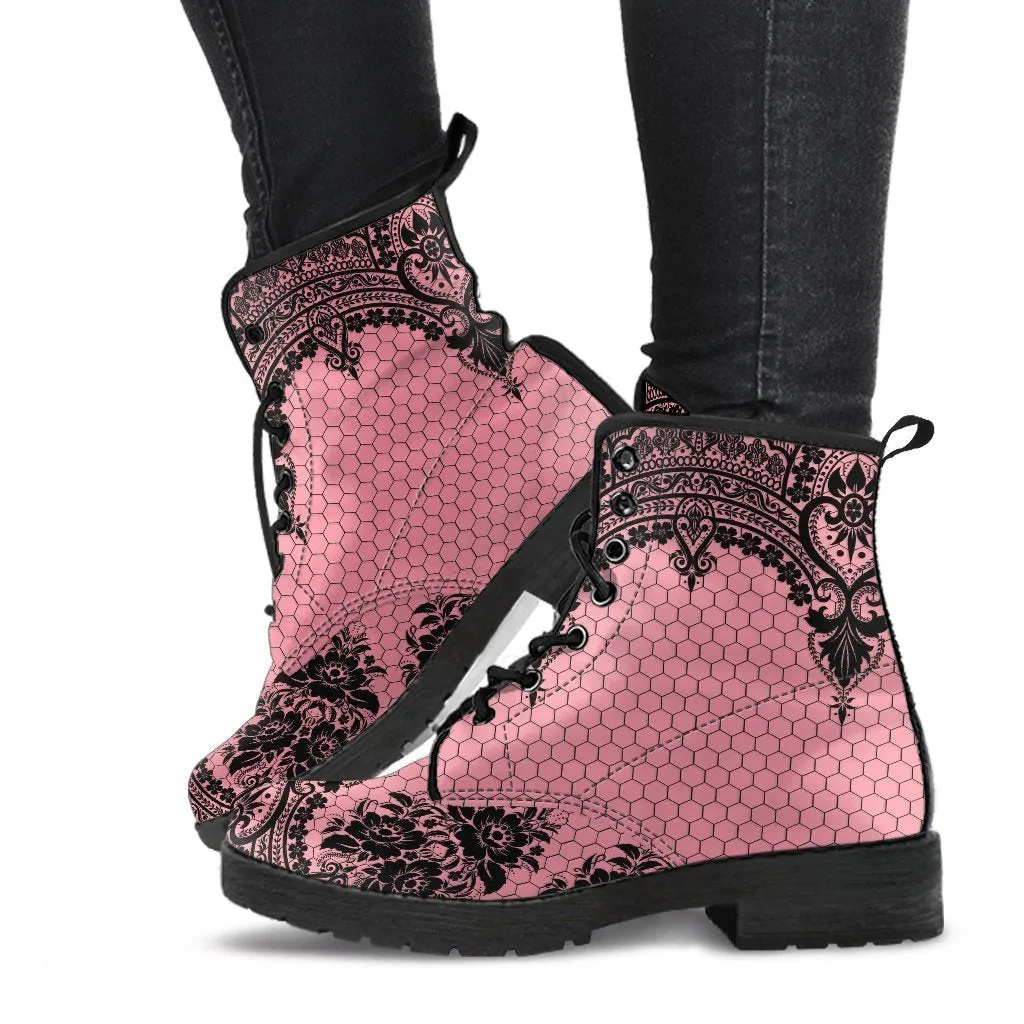 Pink Combat Boots-Gothic Lace Print 109