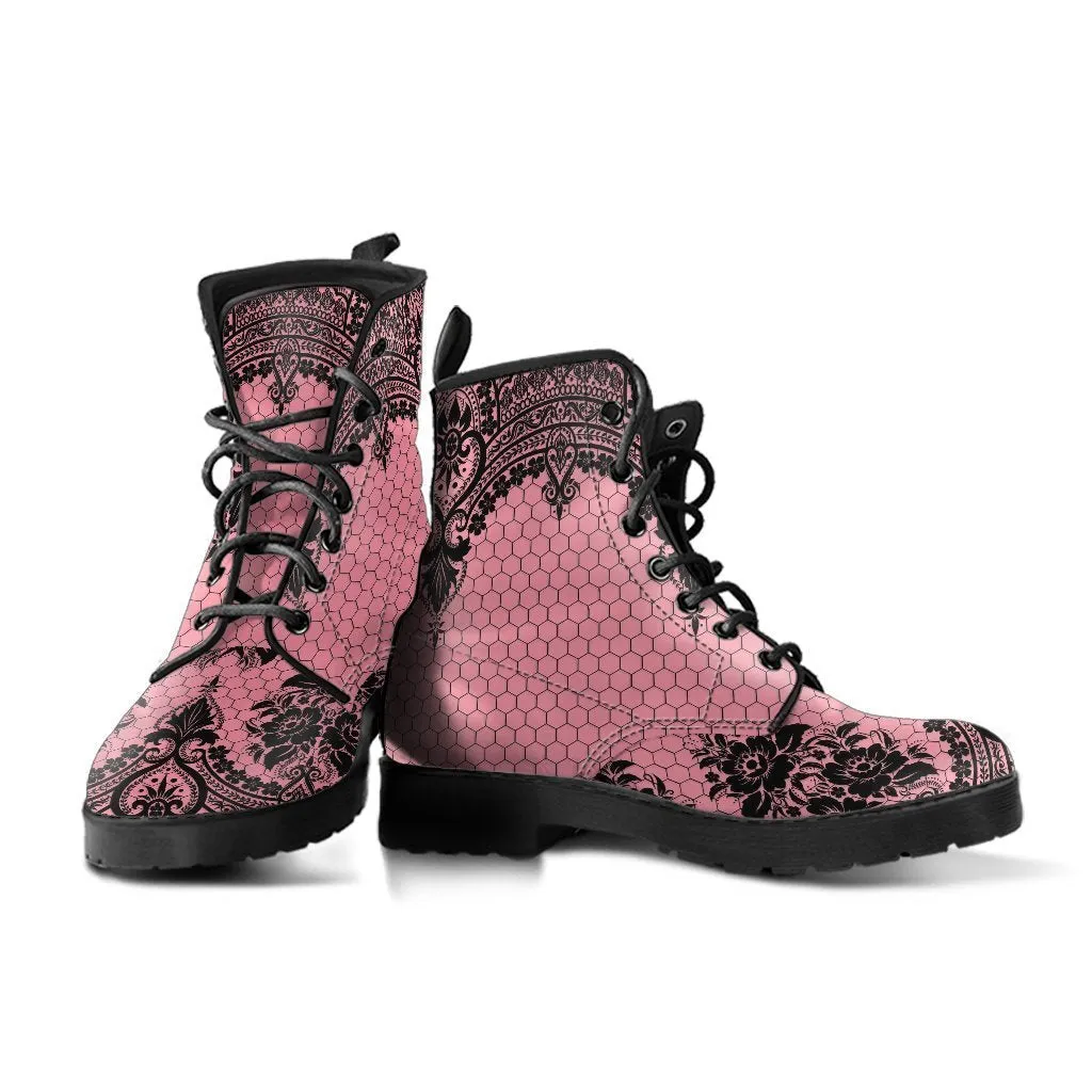 Pink Combat Boots-Gothic Lace Print 109