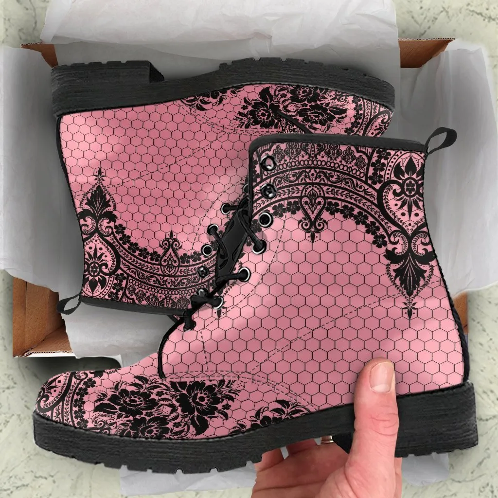 Pink Combat Boots-Gothic Lace Print 109