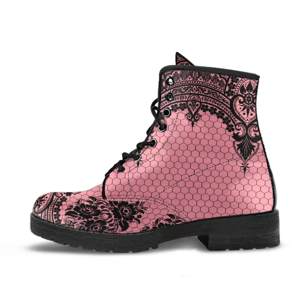 Pink Combat Boots-Gothic Lace Print 109