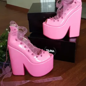 Pink Lace up Ballerina Wedges 22 cm