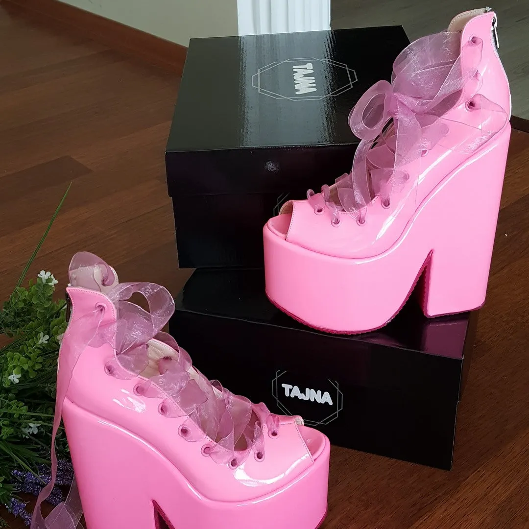 Pink Lace up Ballerina Wedges 22 cm