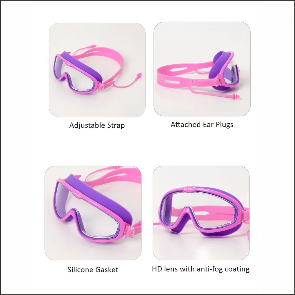 Pink Purple two border Anti Fog UV Protection Leakproof Design Swim Goggles for Kids,4yrs  - 10yrs
